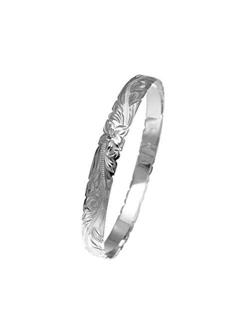 Arthur's Jewelry 925 Sterling Silver Hawaiian Scroll Plumeria Flower 8mm Cut Out Edge Bangle Size 7-9