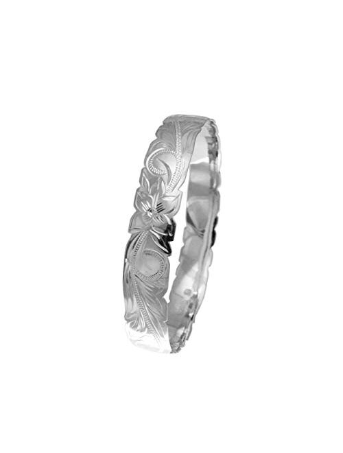 Arthur's Jewelry 925 Sterling Silver Hawaiian Scroll Plumeria Flower 12mm Cut Out Edge Bangle Size 7-9