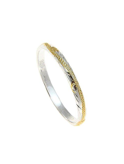 Arthur's Jewelry Sterling Silver 925 2 Tone Yellow Gold Plated 2mm Hawaiian Scroll Hand Engraved Ring Band Size 1 to 9