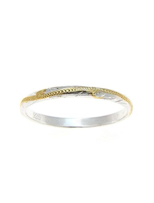 Arthur's Jewelry Sterling Silver 925 2 Tone Yellow Gold Plated 2mm Hawaiian Scroll Hand Engraved Ring Band Size 1 to 9