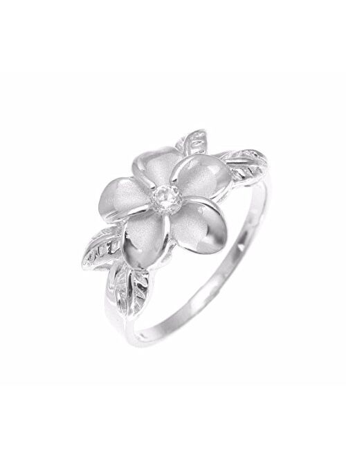 Arthur's Jewelry Sterling Silver 925 Hawaiian 12mm Plumeria Flower cz 4 Maile Leaf Ring Rhodium Plated Size 3-10