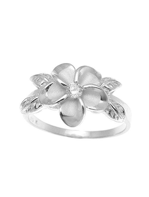 Arthur's Jewelry Sterling Silver 925 Hawaiian 12mm Plumeria Flower cz 4 Maile Leaf Ring Rhodium Plated Size 3-10