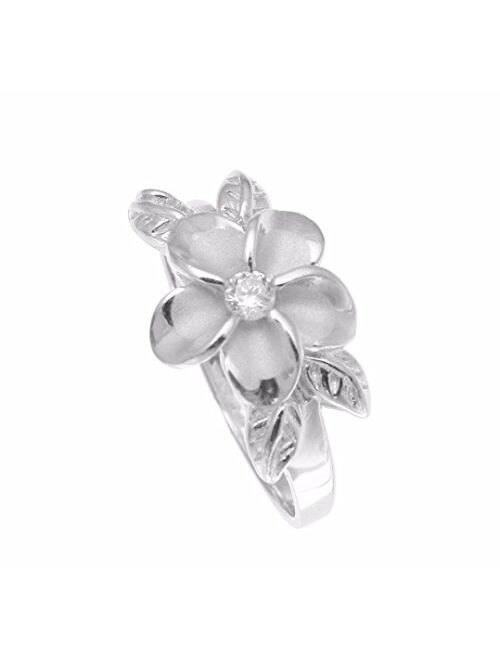 Arthur's Jewelry Sterling Silver 925 Hawaiian 12mm Plumeria Flower cz 4 Maile Leaf Ring Rhodium Plated Size 3-10