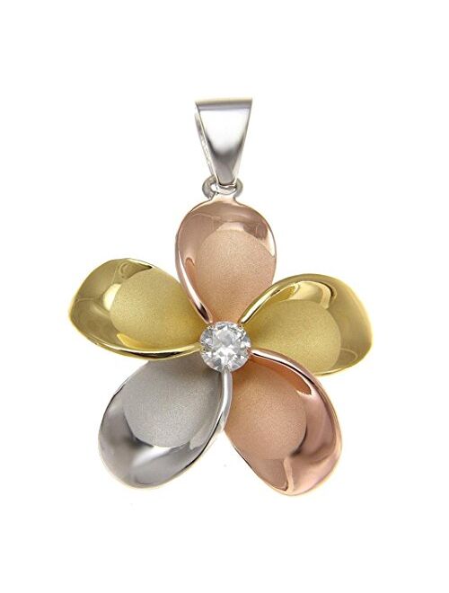 Arthur's Jewelry 925 Sterling Silver Yellow Rose Gold Tricolor Plated Hawaiian Plumeria Pendant cz 30mm