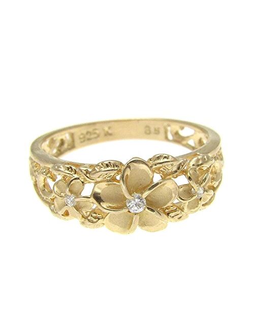 Arthur's Jewelry Yellow Gold Plated Silver 925 Hawaiian 3 Plumeria Flower cz Ring Maile Leaf Cut Out Scroll Size 3 to 10