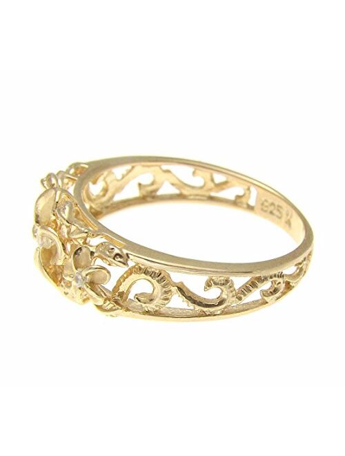 Arthur's Jewelry Yellow Gold Plated Silver 925 Hawaiian 3 Plumeria Flower cz Ring Maile Leaf Cut Out Scroll Size 3 to 10