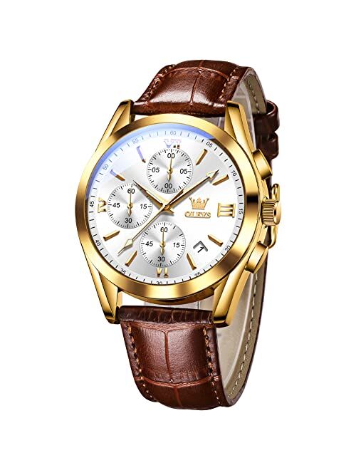 OLEVS Men's Chronograph Quartz Watches, Leather Strap Gold Case with Day Date, Waterproof Stainless Steel Wrist Watch, Luminous Hand Analog Watches for Men, Brown/Black/B