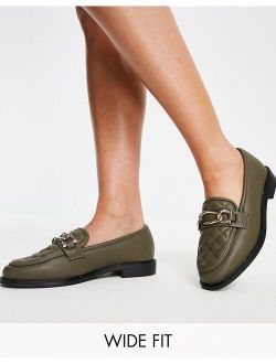 Wide Fit chain detail quilted loafers in olive