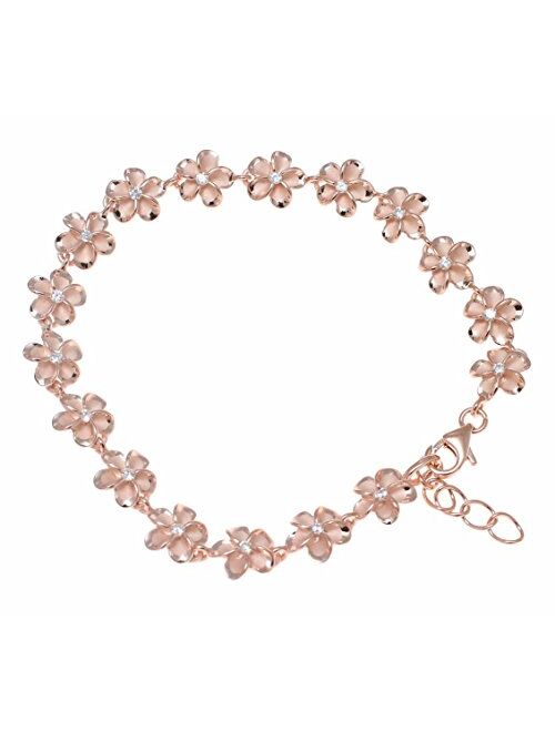 Arthur's Jewelry 925 Sterling Silver Pink Rose Gold Plated Hawaiian 8mm cz Plumeria Flower Bracelet 7"