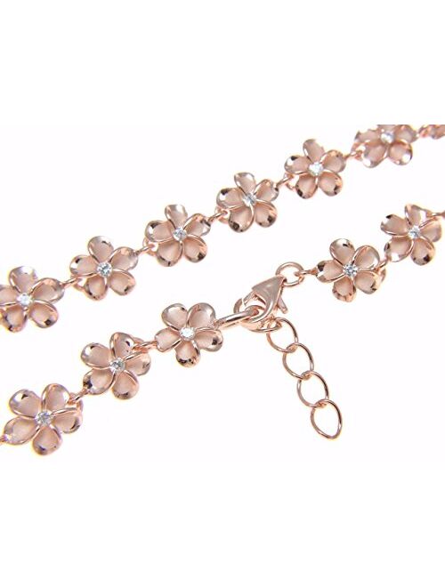 Arthur's Jewelry 925 Sterling Silver Pink Rose Gold Plated Hawaiian 8mm cz Plumeria Flower Bracelet 7"