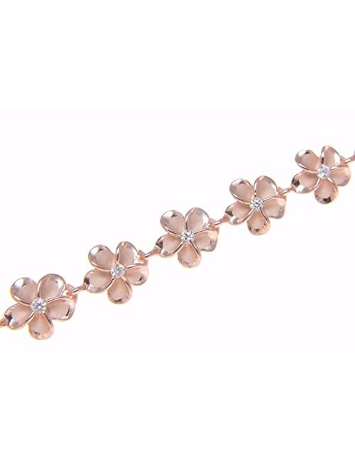 Arthur's Jewelry 925 Sterling Silver Pink Rose Gold Plated Hawaiian 8mm cz Plumeria Flower Bracelet 7"