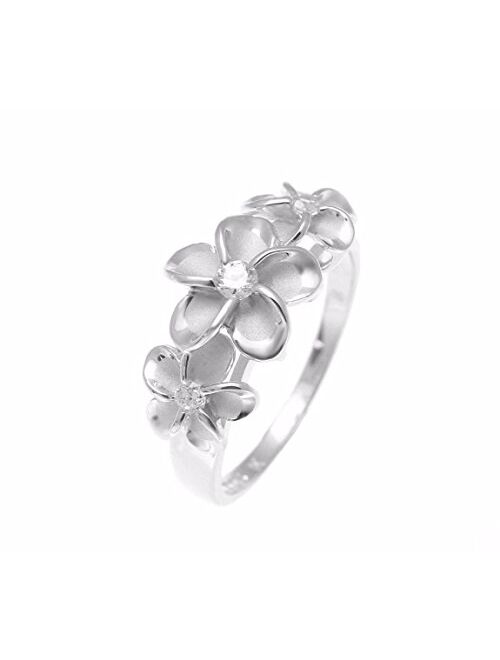 Arthur's Jewelry Sterling Silver 925 Hawaiian 3 Plumeria Flower Ring cz Rhodium Plated Size 3-10