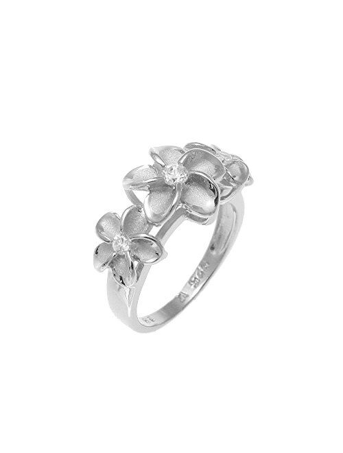 Arthur's Jewelry Sterling Silver 925 Hawaiian 3 Plumeria Flower Ring cz Rhodium Plated Size 3-10