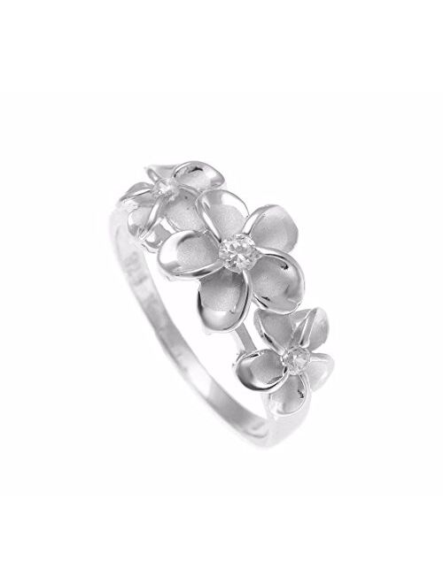 Arthur's Jewelry Sterling Silver 925 Hawaiian 3 Plumeria Flower Ring cz Rhodium Plated Size 3-10