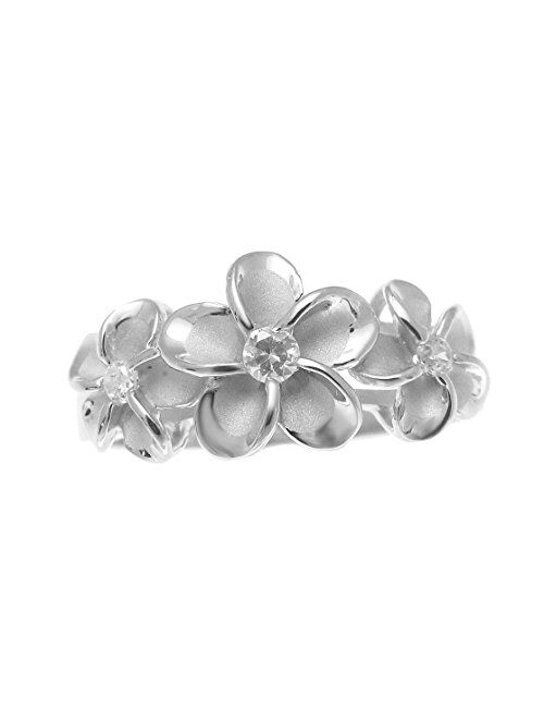 Arthur's Jewelry Sterling Silver 925 Hawaiian 3 Plumeria Flower Ring cz Rhodium Plated Size 3-10