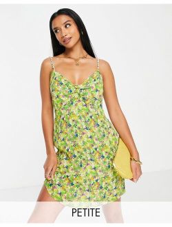Petite slip mini dress with bead strap detail in green floral