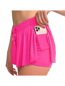 Durio 2 in 1 Flowy Running Shorts for Women High Waisted Gym Tennis Shorts Double Layer Butterfly Shorts with Pocket