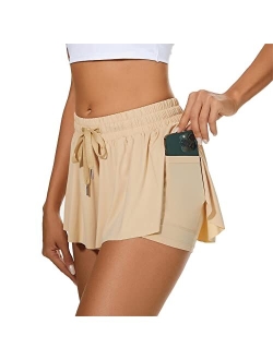 Durio 2 in 1 Flowy Running Shorts for Women High Waisted Gym Tennis Shorts Double Layer Butterfly Shorts with Pocket