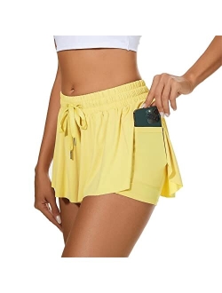 Durio 2 in 1 Flowy Running Shorts for Women High Waisted Gym Tennis Shorts Double Layer Butterfly Shorts with Pocket