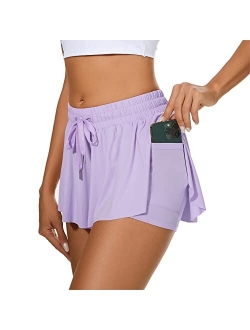 Durio 2 in 1 Flowy Running Shorts for Women High Waisted Gym Tennis Shorts Double Layer Butterfly Shorts with Pocket