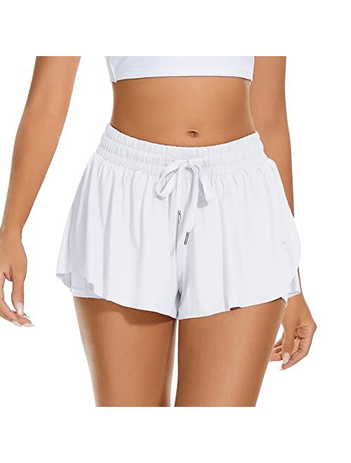 Durio 2 in 1 Flowy Running Shorts for Women High Waisted Gym Tennis Shorts Double Layer Butterfly Shorts with Pocket