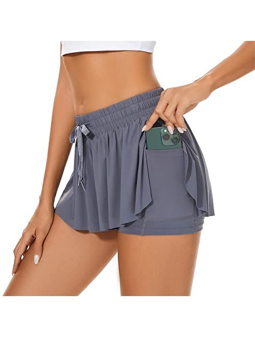 Durio 2 in 1 Flowy Running Shorts for Women High Waisted Gym Tennis Shorts Double Layer Butterfly Shorts with Pocket