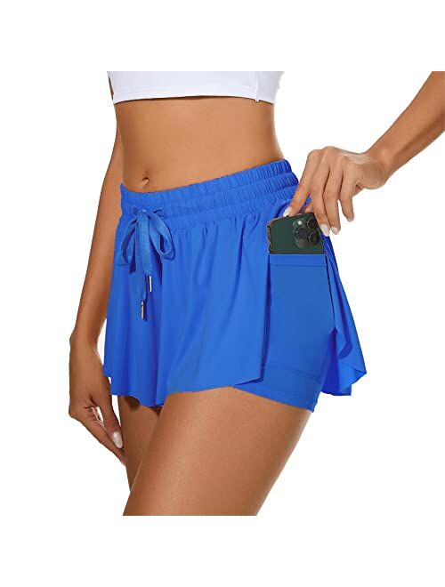 Durio 2 in 1 Flowy Running Shorts for Women High Waisted Gym Tennis Shorts Double Layer Butterfly Shorts with Pocket