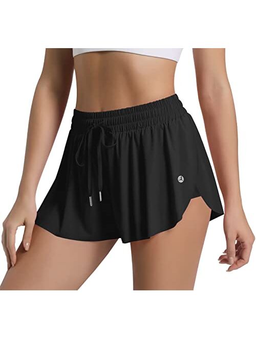 Imfasy Women 2 in 1 Flowy Butterfly Running Shorts with Spandex Underneath and Pocket for Athletic Workout