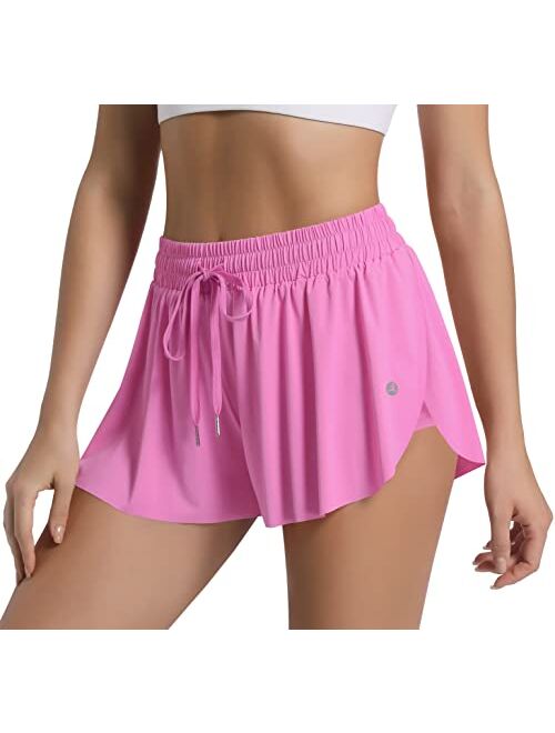 Imfasy Women 2 in 1 Flowy Butterfly Running Shorts with Spandex Underneath and Pocket for Athletic Workout