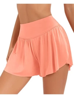 Qoonoo Flowy Butterfly Shorts Running Tennis Athletic Skirt Shorts for Women 2 in 1 High Waisted with Pockets