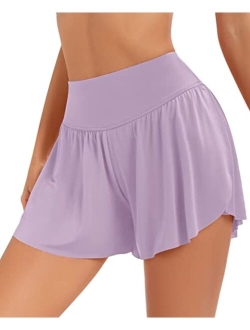 Qoonoo Flowy Butterfly Shorts Running Tennis Athletic Skirt Shorts for Women 2 in 1 High Waisted with Pockets