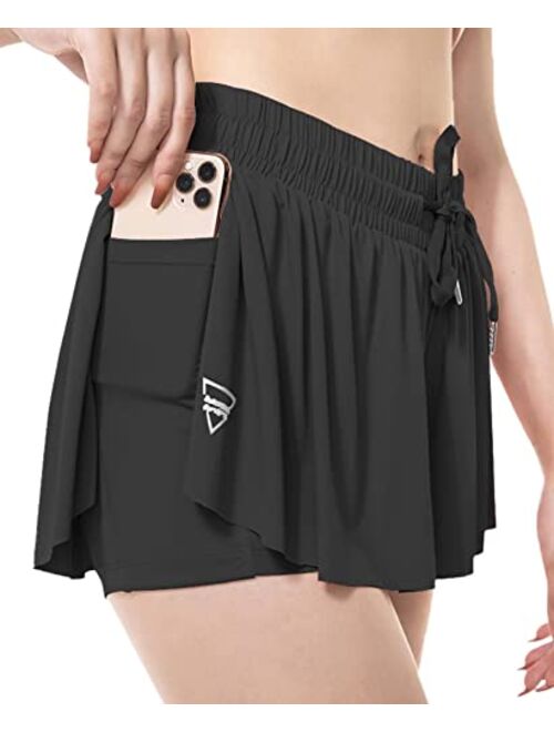 Qoonoo Flowy Butterfly Shorts Running Tennis Athletic Skirt Shorts for Women 2 in 1 High Waisted with Pockets