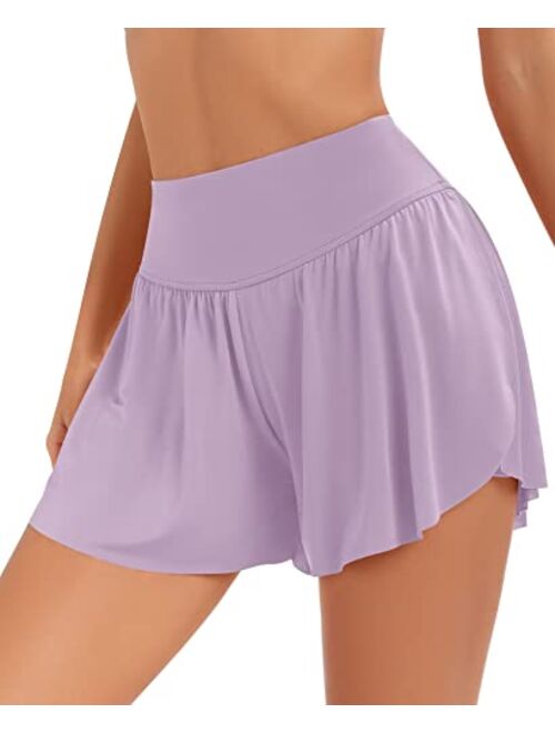 Qoonoo Flowy Butterfly Shorts Running Tennis Athletic Skirt Shorts for Women 2 in 1 High Waisted with Pockets