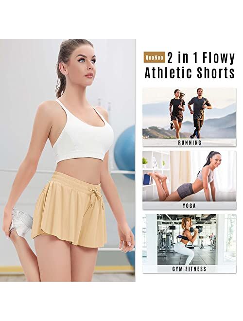 Qoonoo 2 in 1 Flowy Athletic Shorts for Women Casual Butterfly Running Athletic Shorts Workout Active Yoga Shorts with Pockets
