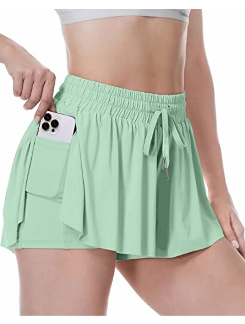 XCGHED Flowy Shorts, 2 in 1 Butterfly Shorts HighWaisted Athletic Shorts for Women Workout Biker Running Yoga Gym Tennis