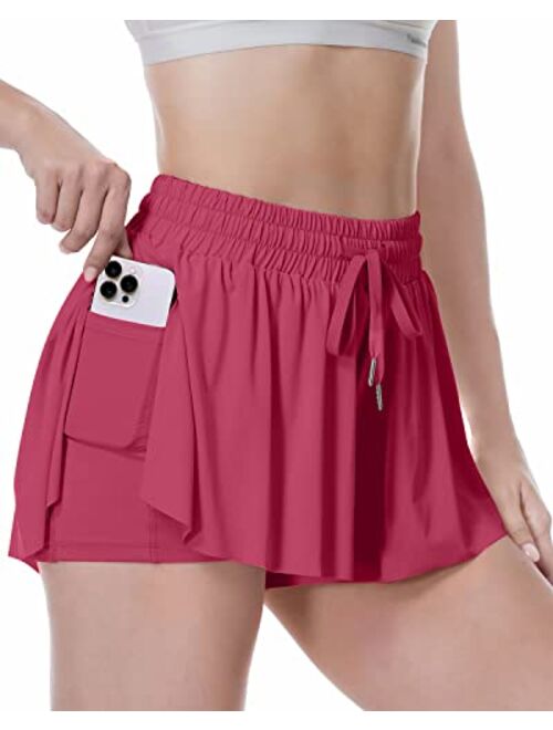 XCGHED Flowy Shorts, 2 in 1 Butterfly Shorts HighWaisted Athletic Shorts for Women Workout Biker Running Yoga Gym Tennis