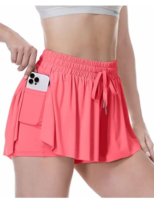 XCGHED Flowy Shorts, 2 in 1 Butterfly Shorts HighWaisted Athletic Shorts for Women Workout Biker Running Yoga Gym Tennis