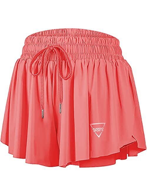 Risscan Womens 2 in 1 Flowy Athletic Shorts with Pocket Butterfly Running Workout Shorts Sweat Spandex Lounge Gym Yoga Summer Skirts