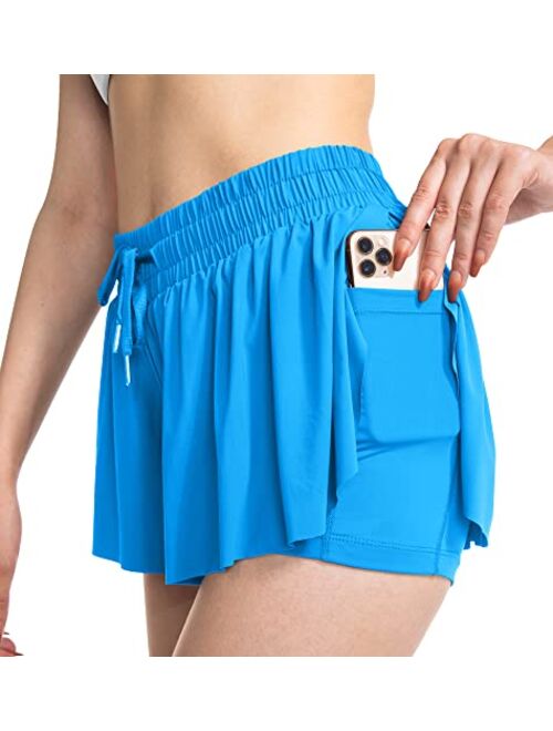 Sogetdo Flowy Shorts for Women Athletic Preppy Skirt Shorts Gym Workout Running Butterfly Shorts