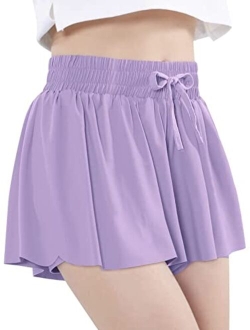 Exarus Girls Athletic Flowy Shorts with Inner Pockets Butterfly Running Active Workout Sports Elastic Waist Shorts for Kids