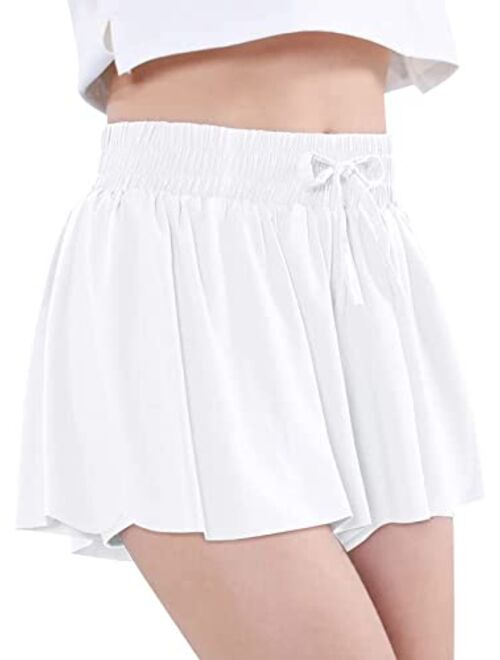 Exarus Girls Athletic Flowy Shorts with Inner Pockets Butterfly Running Active Workout Sports Elastic Waist Shorts for Kids