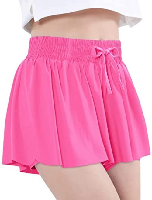 Exarus Girls Athletic Flowy Shorts with Inner Pockets Butterfly Running Active Workout Sports Elastic Waist Shorts for Kids