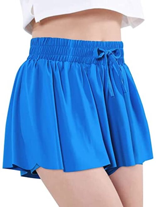 Exarus Girls Athletic Flowy Shorts with Inner Pockets Butterfly Running Active Workout Sports Elastic Waist Shorts for Kids