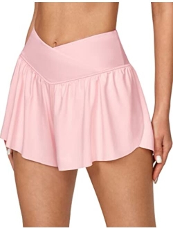 2 in 1 Flowy Shorts Butterfly Shorts Crossover Running Shorts for Women High Waisted Athletic Skort Preppy Clothes