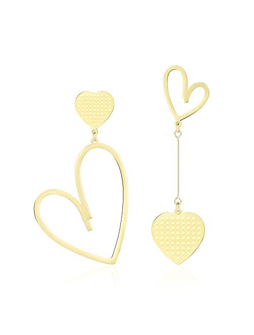 Linawe Asymmetrical Mismatched Heart Stud Earrings for Women Dangling Love Drop Dangle Gold & Rose Gold Acrylic Trendy Big Long Teacher Fun Costume Jewelry Queen Hearts G