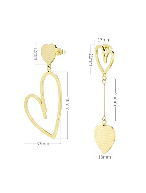 Linawe Asymmetrical Mismatched Heart Stud Earrings for Women Dangling Love Drop Dangle Gold & Rose Gold Acrylic Trendy Big Long Teacher Fun Costume Jewelry Queen Hearts G