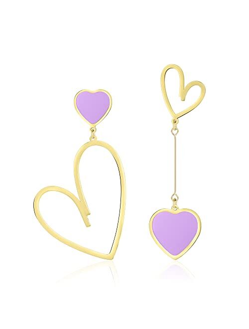 Linawe Asymmetrical Mismatched Heart Stud Earrings for Women Dangling Love Drop Dangle Gold & Rose Gold Acrylic Trendy Big Long Teacher Fun Costume Jewelry Queen Hearts G