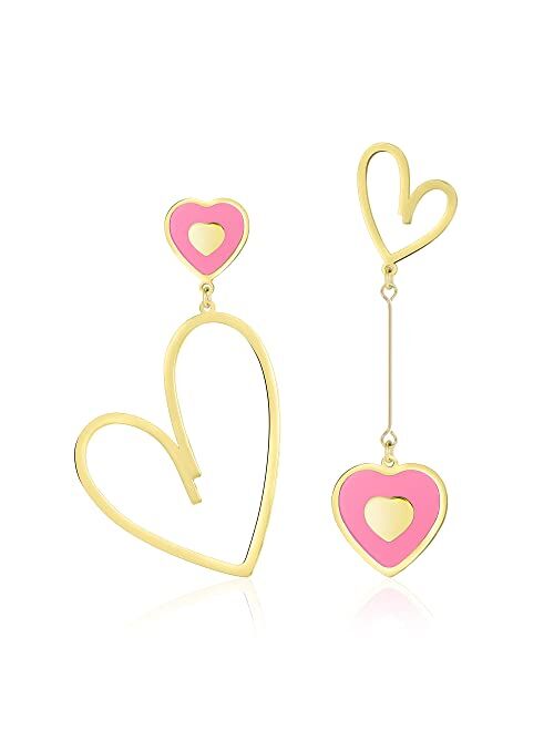 Linawe Asymmetrical Mismatched Heart Stud Earrings for Women Dangling Love Drop Dangle Gold & Rose Gold Acrylic Trendy Big Long Teacher Fun Costume Jewelry Queen Hearts G