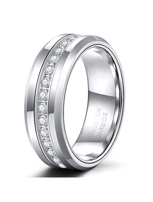 TRUMIUM 6mm 8mm Mens Tungsten Wedding Bands with Cubic Zirconia Eternity Ring CZ Inlaid Black Silver Tungsten Carbied Rings High Polish Size 7-13