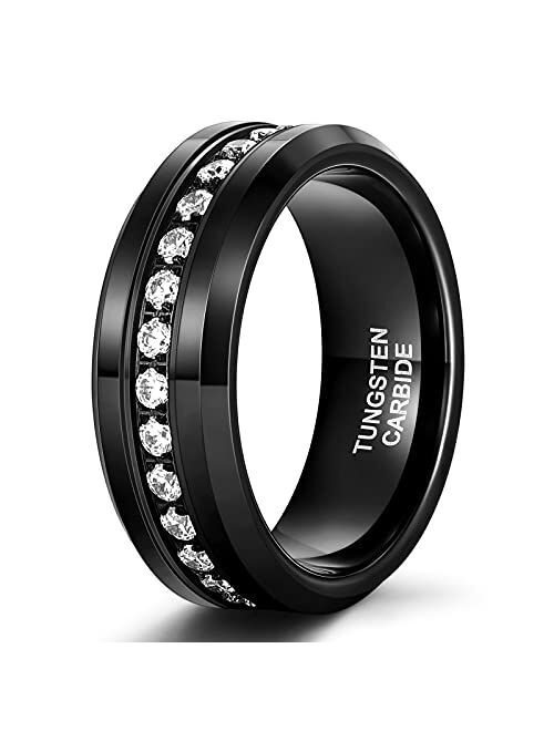 TRUMIUM 6mm 8mm Mens Tungsten Wedding Bands with Cubic Zirconia Eternity Ring CZ Inlaid Black Silver Tungsten Carbied Rings High Polish Size 7-13